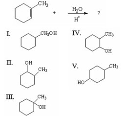 <p>What is the major product of the following reaction?</p><p>A) I</p><p>B) II</p><p>C) III</p><p>D) IV</p><p>E) V</p>
