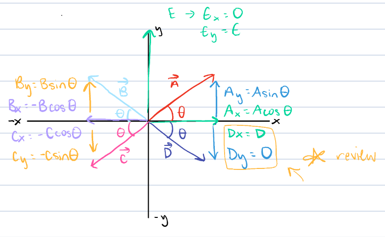 <ul><li><p>A:</p><ul><li><p>A<sub>x</sub> = Acos<span><span>θ</span></span></p></li><li><p><span><span>A</span><sub><span>y</span></sub><span> = Asin</span></span><span>θ</span></p></li></ul></li><li><p>B: </p><ul><li><p>B<sub>x</sub> = Bsin<span>θ</span></p></li><li><p><span>B</span><sub><span>y</span></sub><span> = -Bcosθ</span></p></li></ul></li><li><p>C:</p><ul><li><p>C<sub>x</sub> = -Ccos<span>θ</span></p></li><li><p><span>C</span><sub><span>y</span></sub><span> = -Csinθ</span></p></li></ul></li><li><p>D:</p><ul><li><p>D<sub>x </sub>= Dcos<span>θ</span></p></li><li><p><span>D</span><sub><span>y</span></sub><span> = -Dsinθ</span></p></li></ul></li></ul><p></p>
