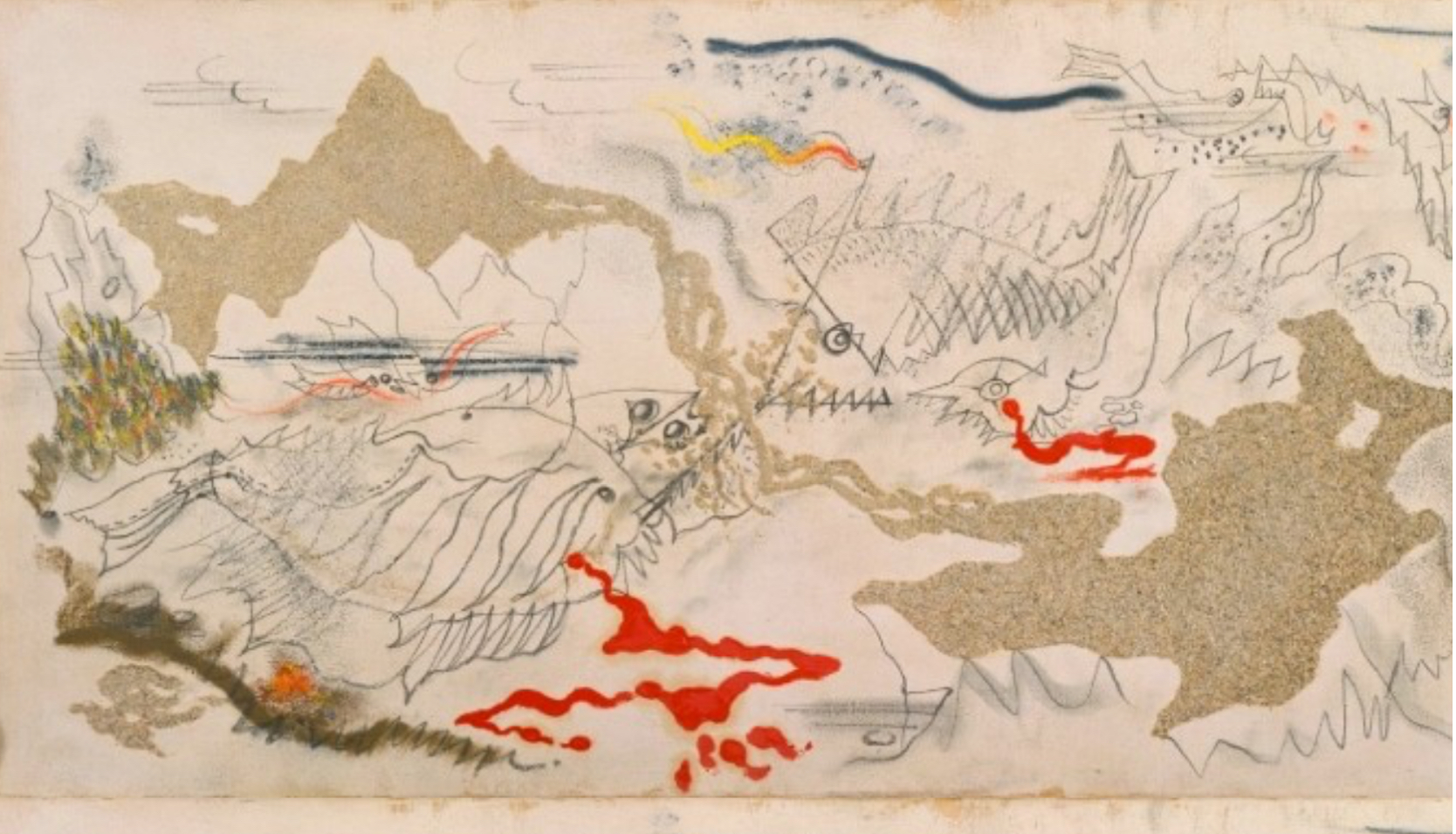 <p> artist: ANDRE MASSON</p><p>movement: SURREALISM</p><p>automatism: doodle, unconcious thought,</p><p>materials: glue and sand</p>