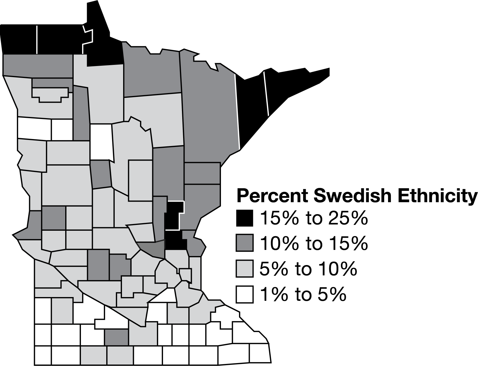 <p><span>In the late nineteenth century, a large proportion of Swedish immigrants that came to the United States settled in rural areas of Minnesota. Descendants of these communities remain in Minnesota today, as shown on the map. Which of the following best describes the pattern of Swedish-American ethnicity within Minnesota’s cultural landscape?</span></p>