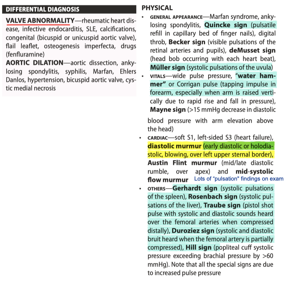<p>LV dilatation and eccentric hypertrophy (palpitations, atypical chest pain), wide pulse pressure (due to increased stroke volume with elevation in SBP and regurgitation with rapid collapse of the arteries and a low diastolic blood pressure) → eventually → LV dysfunction</p><p>pulmonary regurgitation murmur—high pitch decrescendo diastolic murmur (Graham Steell murmur) loudest over <strong>left upper sternal border. Increases with inspiration.</strong> May be associated with signs of pulmonary hypertension</p><p>• aortic regurgitation murmur—early diastolic decrescendo murmur loudest ove<strong><u>r right and/or left upper sternal border. No change or decreases with inspiration.</u></strong> May be associated with Austin Flint murmur and the other signs of aortic regurgitation</p><p></p><p><span style="font-size: 1.6rem"><strong>Class 1: if</strong> symptomatic severe AR; asymptomatic chronic severe AR (regurgitant fraction ≥50%, regurgitant volume ≥60 mL/beat, Doppler jet width ≥65% of LVOT) and LVEF &lt;50%; or severe AR and undergoing cardiac surgery for other reasons</span><br><strong>2A</strong>: Reasonable —if asymptomatic severe AR with normal LVEF ≥50% but severe LV dilatation (LVESD &gt;50 mm); or moderate AR and undergoing other cardiac surgery</p><p><strong>2B</strong>: Possible—if asymptomatic severe AR and normal LVEF ≥50% but with progressive severe LV dilatation (LVEDD &gt;65 mm) and low surgical risk</p><p></p><p>F/U:</p><p>Mild + ASX with normal LV function and little/no LV dilatation can be followed <strong>annually</strong> with clinical exam and <strong>TTE q2-3</strong> years (sooner if symptoms emerge). </p><p><strong>Asymptomatic severe </strong>AR with normal LV function and <strong>LV dilatation (</strong>&gt;60 mm) should be <strong>seen every 6</strong> months with echocardiogram every 6–12 months</p>