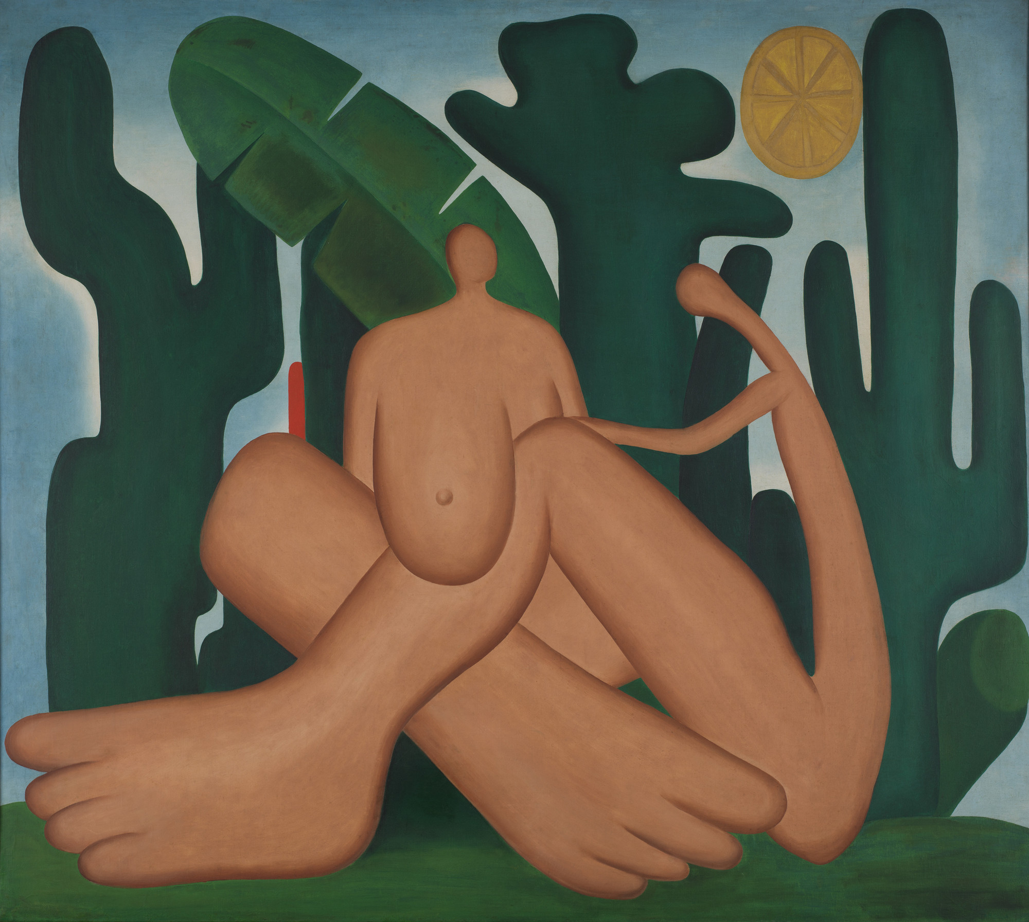 <p>This figure shows abstract figures of a man and a woman sitting neck to each other. The woman breast it out hanging while the man rests his arm on his knee. Behind them as several elements to invoke Brazil’s nature, such as Banana and cactus leaves. The piece overall is an attempt to explore the dual identity of African, Native, and European ancestry that the people of Brazil have. The title of the piece is a reference to the artist’s husband’s work, The Cannibalist Manifesto, which discussed how Brazilians should devour and explore European modernist styles and make their own. </p>
