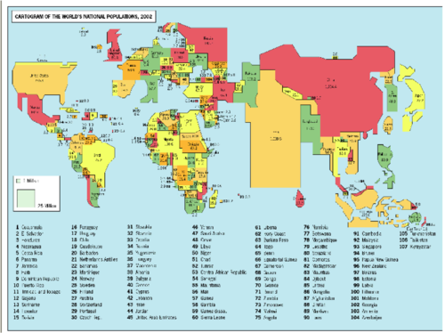<p>A map in which the shape or size is distorted in order to demonstrate a variable such as population or economic production</p>