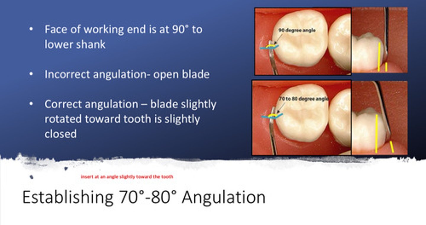 <p>1) the face of the working end is at 90 degrees to the lower shank</p><p>2) incorrect angulation will result in an open blade</p><p>3) correct angulation (70-80 degrees) will result in the blade slightly rotated toward the tooth (blade is slightly closed)</p>