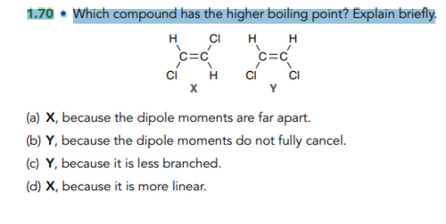 <p>Which compound has the higher boiling point? Explain briefly.</p><p>X, because the dipole moments are far apart.</p><p>Y, because the dipole moments do not fully cancel.</p><p>Y, because it is less branched.</p><p>X, because it is more linear.</p>