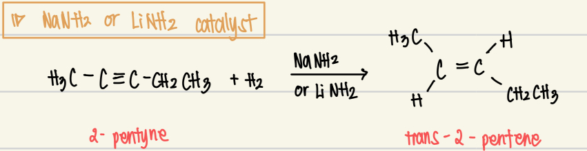 <p>Reagent: H2 </p><p>Catalysts: NaNH2 or LiNH2</p><p>Product: trans alkene</p><p>Mechanism: reduction of alkynes</p>