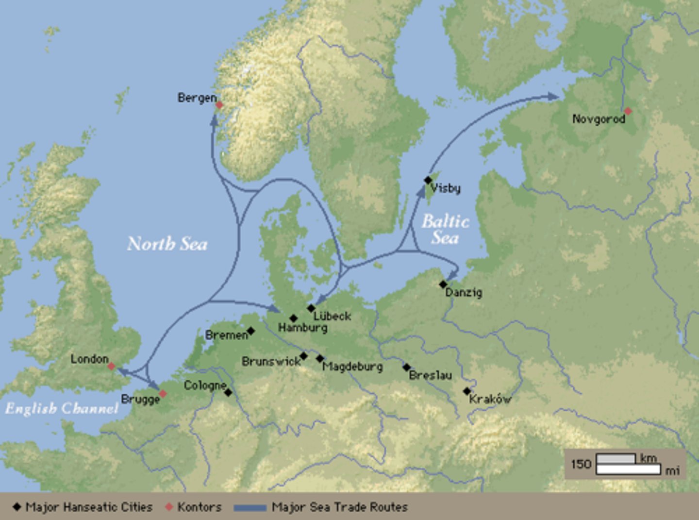 <p>A commercial alliance between cities in Germany and Scandinavia that controlled trade in the North Sea and the Baltic Sea, driving out pirates and monopolizing trade in goods like timber, grain, leather, and salted fish.</p>