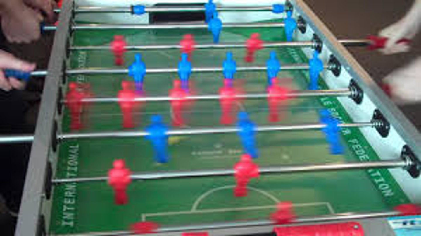 <p><em>nUS</em> (tabletop imitation soccer game) <span style="color: blue">futbolín</span></p><ul><li><p><span style="font-family: Georgia, serif">Would you -- Would you like to play me in a game of </span>foosball<span style="font-family: Georgia, serif">? …………. -Let's do it.</span></p><p></p></li><li><p>-- When I tell people I'm a pro-foosball player there's always a look of like astonishment. I get laughter sometimes too, what, I didn't know there was tournaments for that, <mark data-color="purple" style="background-color: purple; color: inherit">foosball</mark>? Yeah that's the one that's, that's what I do.</p></li></ul><p></p><p>table foosball</p>