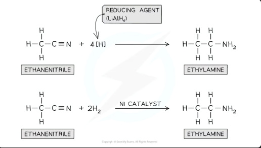 <p><strong>a) Using LiAlH₄:</strong></p><ul><li><p class="ds-markdown-paragraph"><strong>Reagents:</strong> R-CN + LiAlH₄</p></li><li><p class="ds-markdown-paragraph"><strong>Conditions:</strong> In <strong>dry ether</strong>, followed by <strong>dilute HCl acid</strong> work-up.</p></li><li><p class="ds-markdown-paragraph"><strong>Equation:</strong><br><strong>R-CN + 4[H] → R-CH₂-NH₂</strong><br><em>(The [H] comes from the LiAlH₄ + acid)</em></p></li></ul><p class="ds-markdown-paragraph"><strong>b) Using H₂ with Ni catalyst:</strong></p><ul><li><p class="ds-markdown-paragraph"><strong>Reagents:</strong> R-CN + 2H₂</p></li><li><p class="ds-markdown-paragraph"><strong>Conditions:</strong> High pressure of <strong>H₂ gas</strong>, <strong>Nickel catalyst</strong>.</p></li><li><p class="ds-markdown-paragraph"><strong>Equation:</strong><br><strong>R-CN + 2H₂ → R-CH₂-NH₂</strong></p></li></ul><p><br></p>