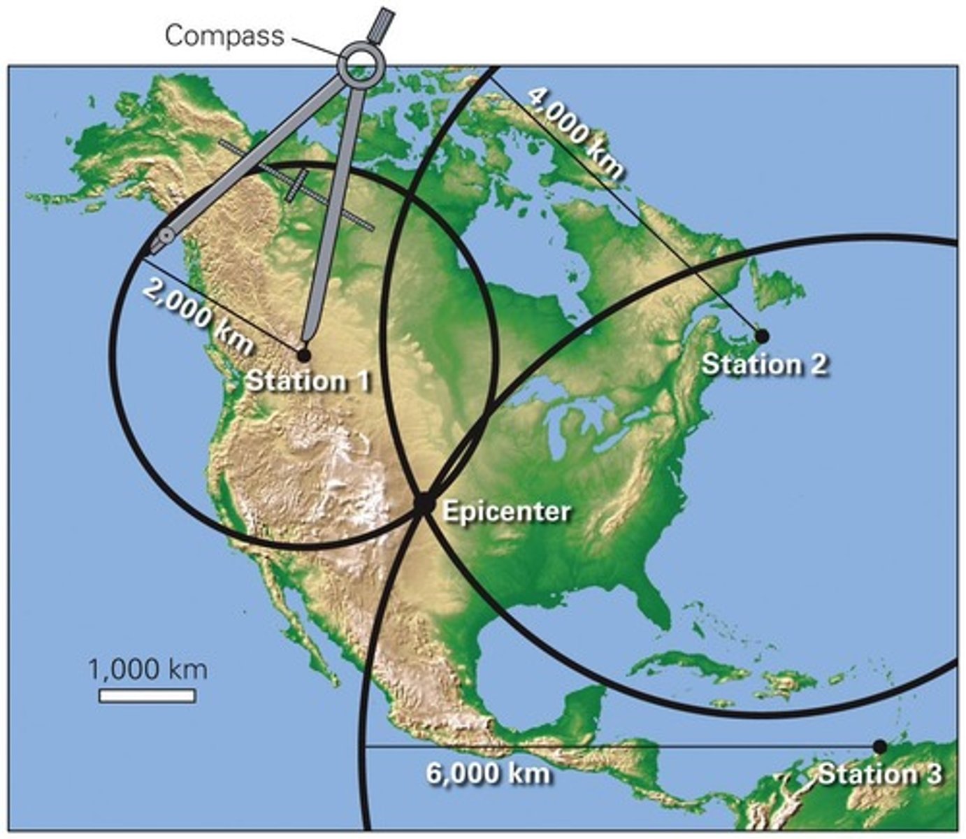 <p>By calculating the difference in arrival times between P-waves and S-waves at multiple seismic stations and using triangulation.</p>