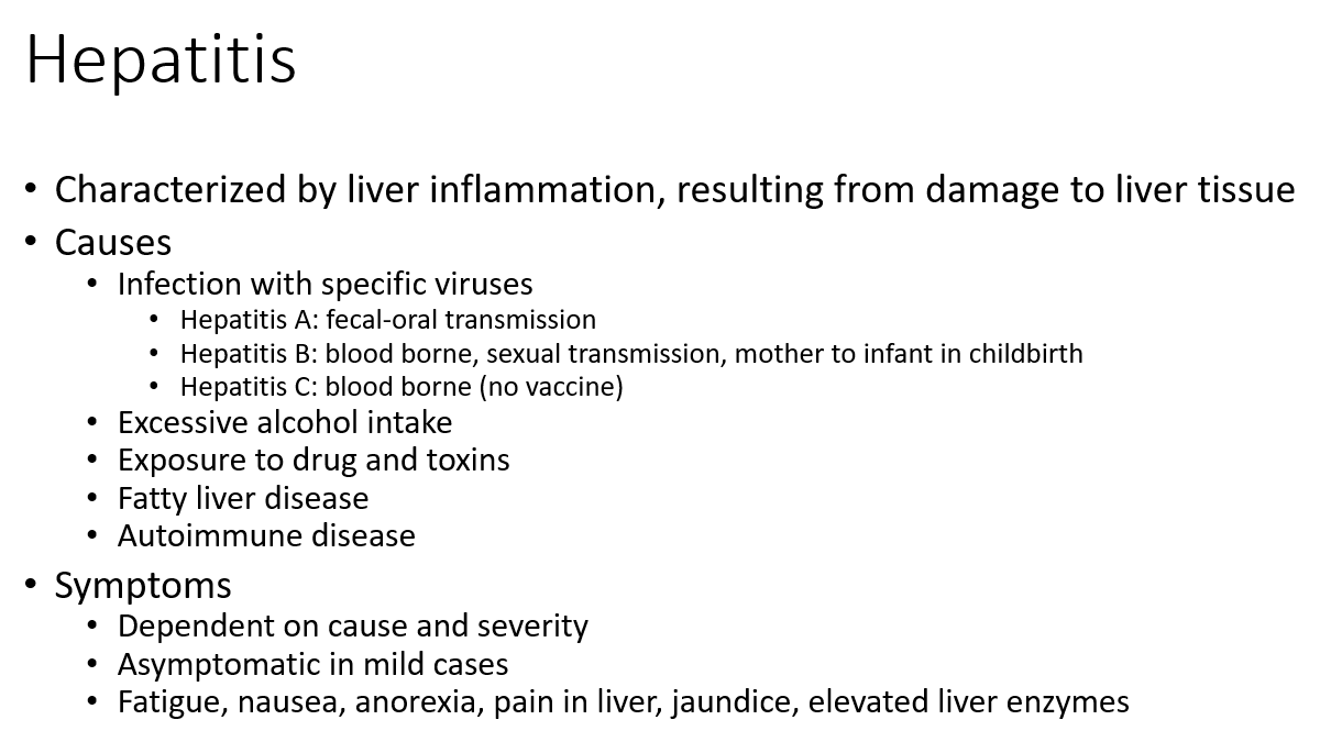 <p class=""><strong>Fatigue, nausea, anorexia, pain in liver, jaundice, elevated liver enzymes</strong></p><ul><li><p class=""><strong>Varies</strong> by <strong>cause</strong> and <strong>severity</strong></p></li><li><p class="">May be <strong>asymptomatic</strong> in mild cases</p></li></ul><p></p>