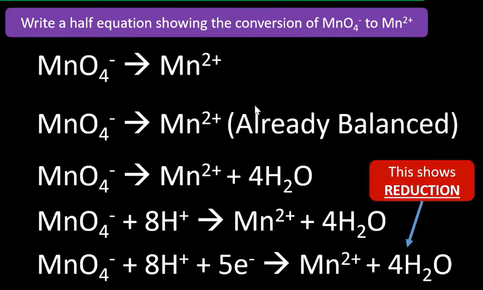 <ol><li><p>Write the species before &amp; after a reaction</p></li><li><p>Balance any atoms apart from oxygen &amp; hydrogen</p></li><li><p>Balance any oxygens with H<sub>2</sub>O</p></li><li><p>Balance any hydrogens with H<sup>+</sup> ions</p></li><li><p>Balance charges with electrons (e<sup>-</sup>)</p></li></ol><p></p>