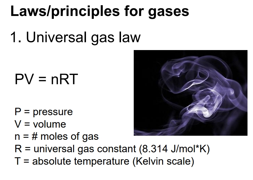 <ul><li><p>Describes how gases behave under various conditions, assuming gas molecules are perfect spheres in constant motion.</p></li><li><p>Involves variables like pressure (P), volume (V), and temperature (T).</p></li><li><p>Pressure and temperature are directly proportional (as one increases, so does the other).</p></li><li><p>Pressure and volume are inversely proportional (as volume decreases, pressure increases).</p></li></ul><p></p>