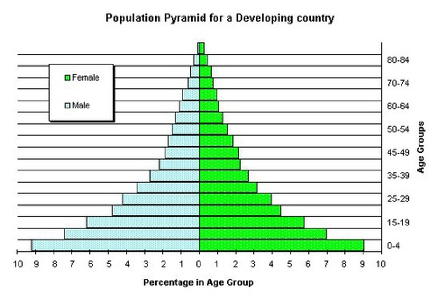 <p>Narrow at the top due to high death rate, wide base due to high birth rate</p><p>- concave shape = low life expectancy</p><p>- young population</p><p>- LEDCs = Phillipines</p>