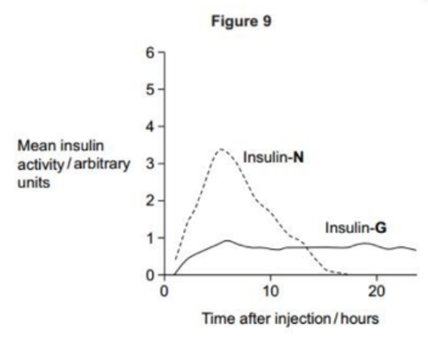 <p>- N - has high activity / acts quickly<br>- N - will lead to greater/faster lowering of blood glucose (than G)<br>- N - (relatively) short-lived effect<br>- N - may need &gt;1 injection per day<br>- N - useful around meal times<br>- G - fairly constant level of insulin (activity)</p>