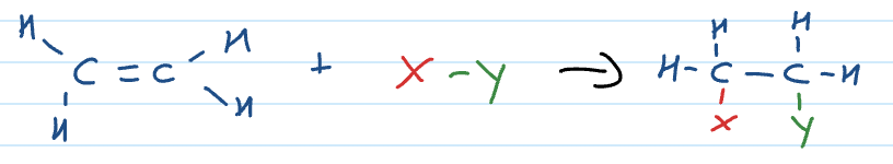 <p>C to C double bond in alkene breaks and more atoms can be added to the carbons with the double bond</p>