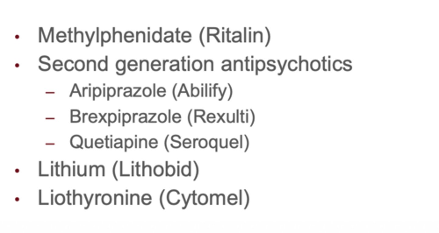 <p>methylphenidate (fatigue/apathy), antipsychotics (caution), lithium, liothyronine</p>