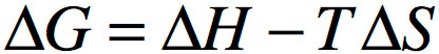 <p>H= enthalpy<br>T= temperature (K)<br>S= entropy<br>G= change in free energy</p>