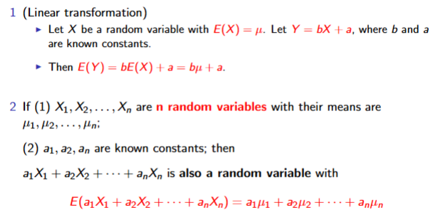 <ol><li><p>Linear Transformation</p></li><li><p>Multiple Random Variable Add Mean</p></li><li><p>Mean of random variables is mean</p></li></ol><p></p>