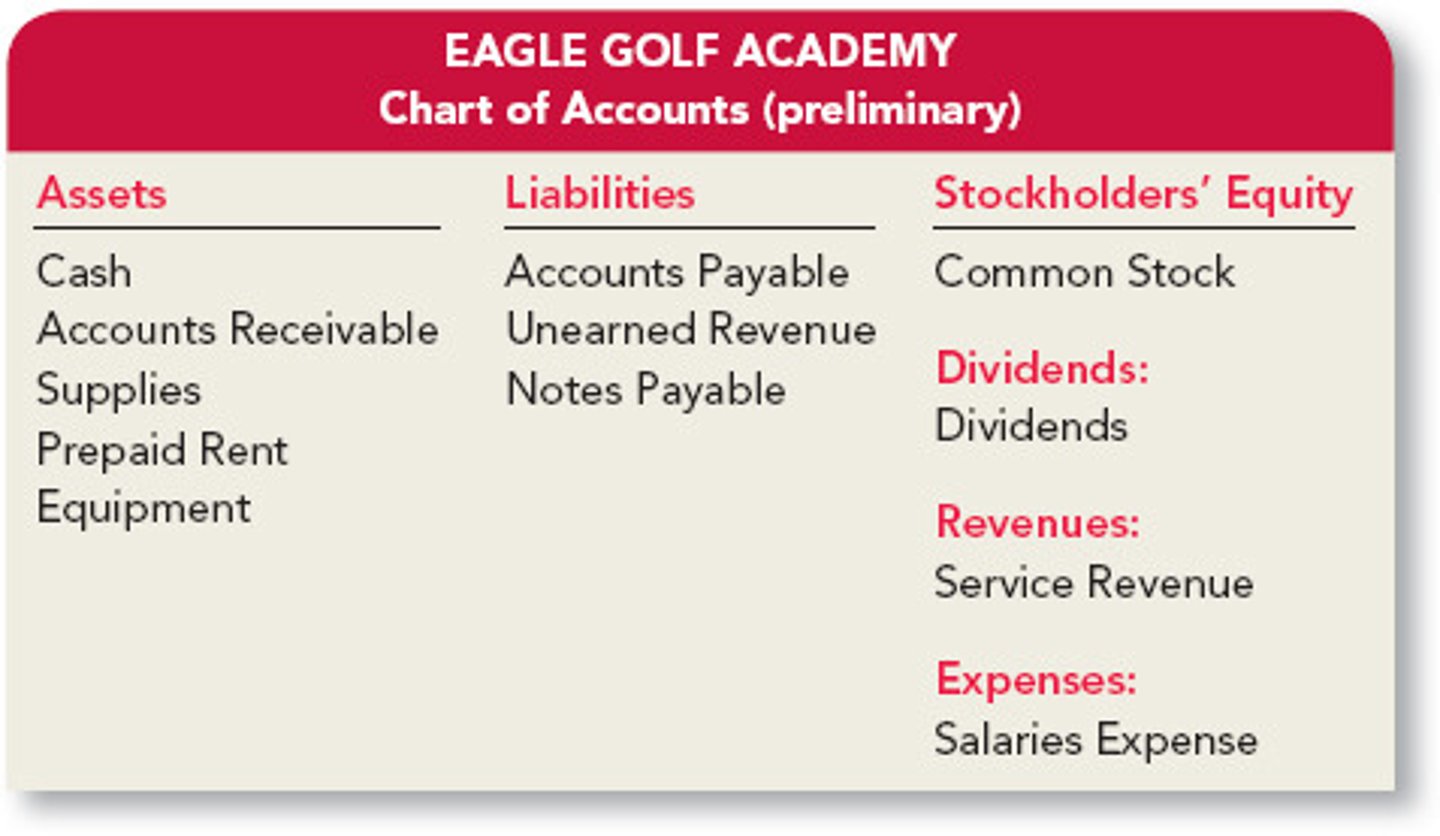 <p>a list of accounts used by a business</p><p>-organized by account classification</p>