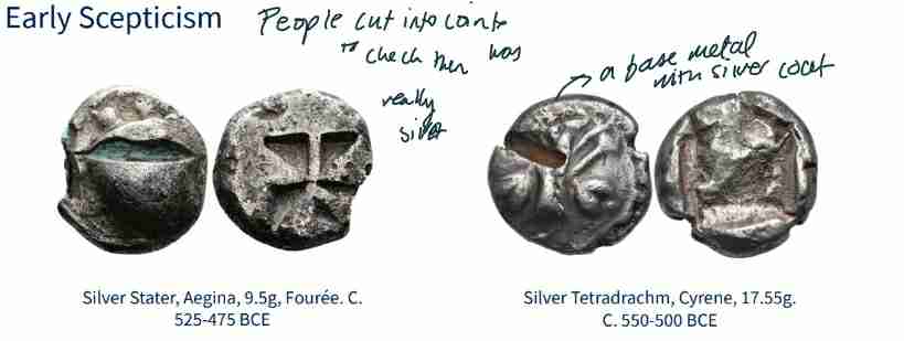 <ul><li><p>People cut into coins to check if they were really silver</p></li><li><p>Such as the Cyrenean Silver Tetradrachm from 550-500, which had a silver coat overlying the base metal.</p></li></ul>