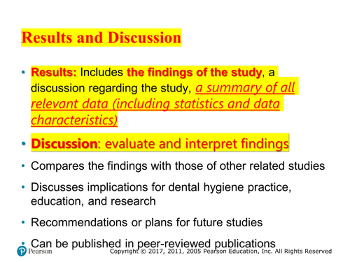 <p>Results and discussions (pg. 290)</p><p>Terminology associated with research reports</p><p>- Abstract- A condensed version of a study</p><p>- Introduction- Should include a clear, concise purpose statement</p><p>- Literature review- Detailed outline of previous findings</p><p>- Methodology- Method and material section</p><p>- Results and discussions- Findings of a study•</p><p>3 multiple choice options</p>