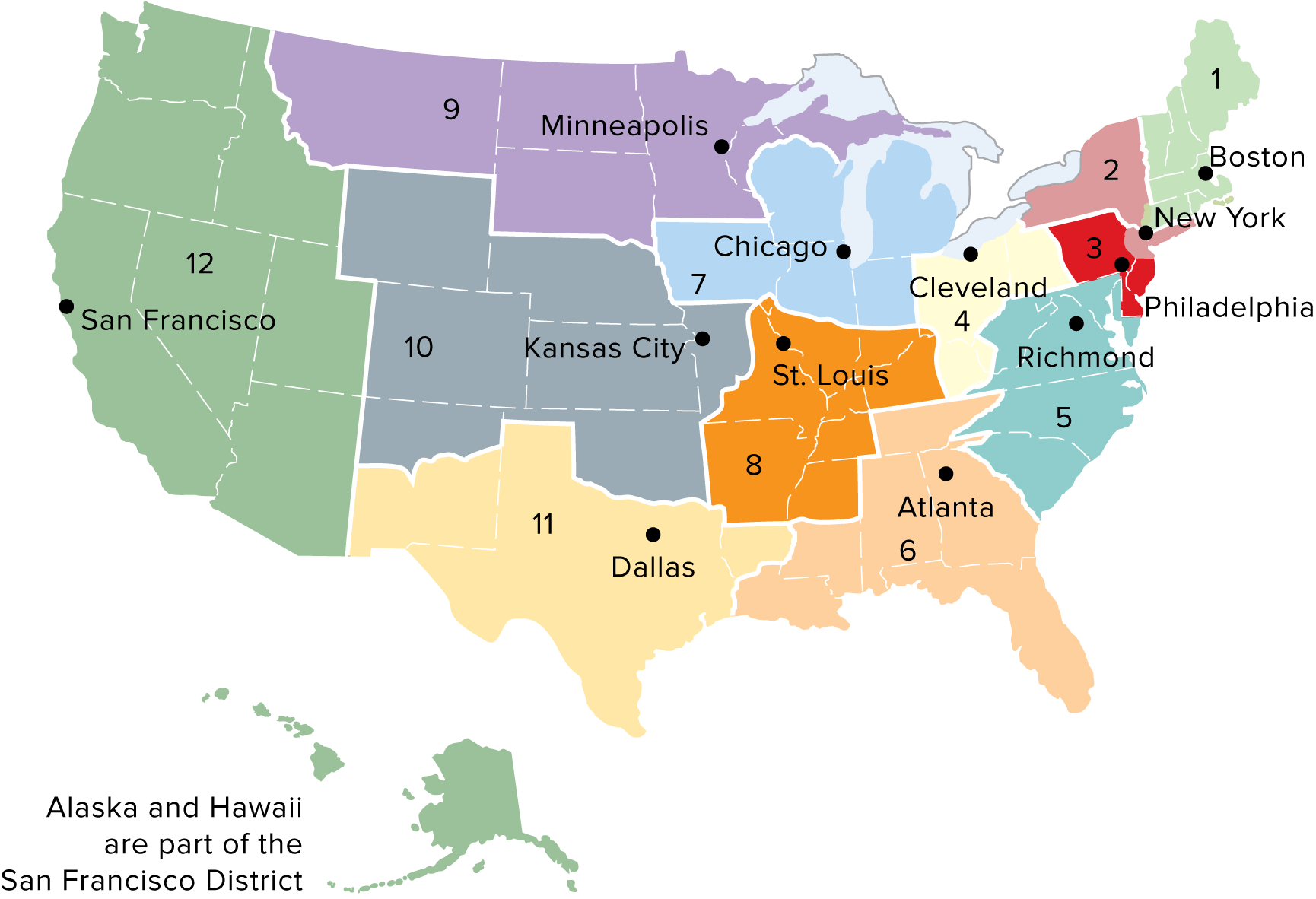 The 12 Federal Reserve Banks and their districts