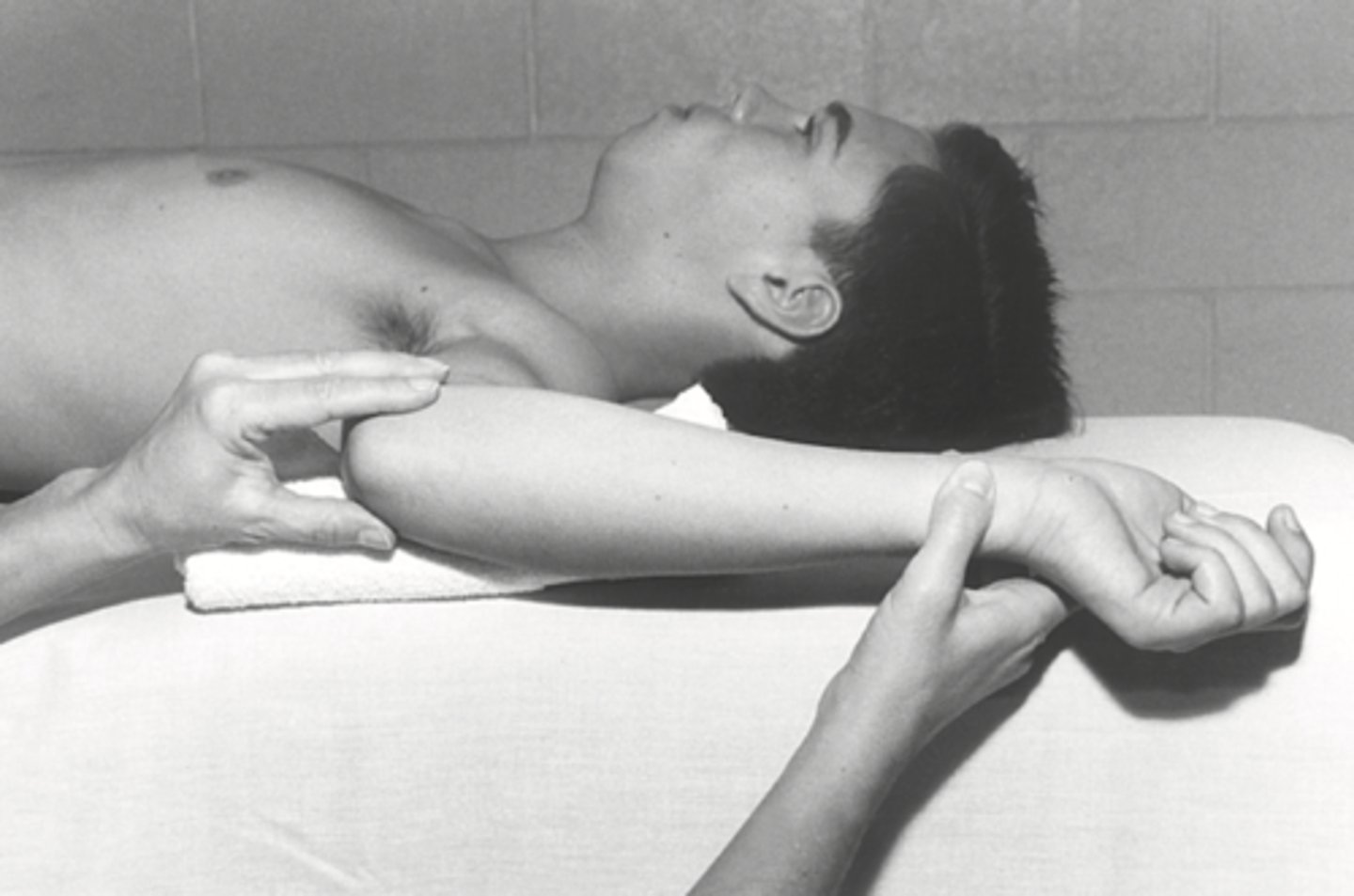 <p>Supine, arm ABD to 90 and elbow flexed to 90, palms face caudally, may need towel under distal brachium to level</p>