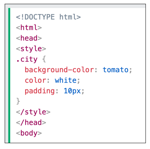 <p>To create a class; write a period (.) character, followed by a class name. Then, define the CSS properties within curly braces {}:</p>