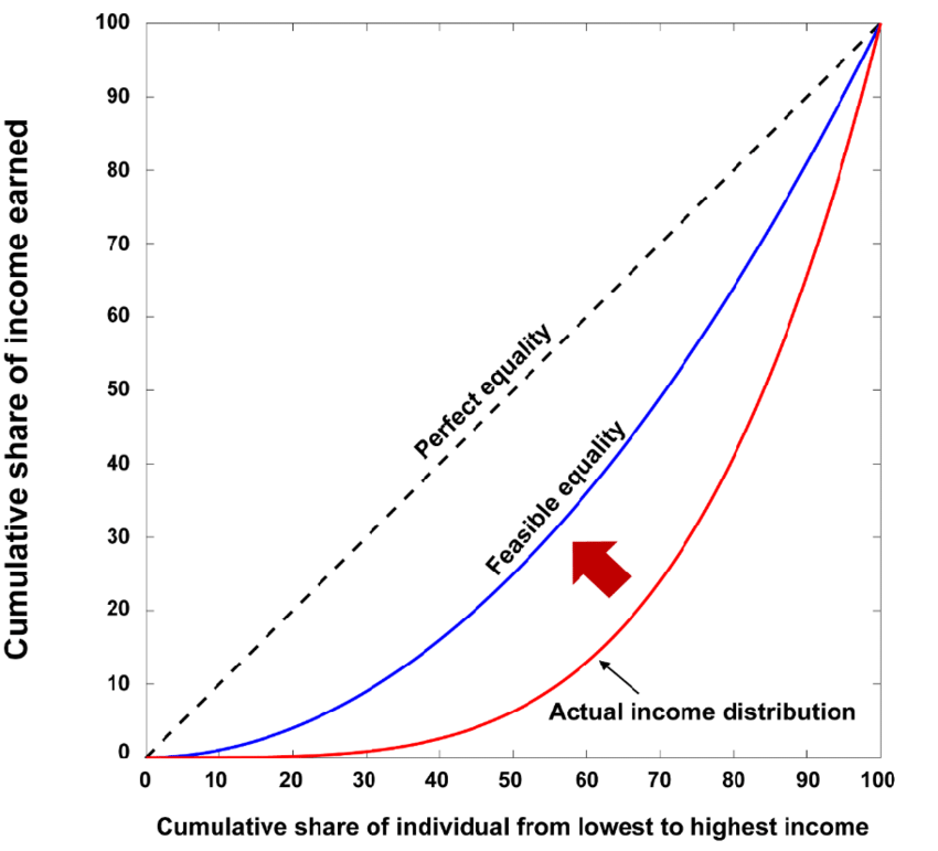 <p>displays the percentage of income earned (y axis) by the percentage of the population (x axis). </p>