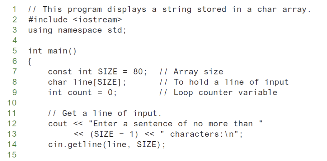 <ul><li><p><strong>C-String:</strong> sequence of characters stored in adjacent memory locations and terminated by <code>NULL</code> character</p></li><li><p>String literal (string constant): sequence of characters enclosed in double quotes “ “</p><ul><li><p>ex: “Hi there!“</p></li></ul></li><li><p>an array of chars can be used to define storage for a string</p><ul><li><p>leave room for <code>NULL</code> at the end</p></li><li><p>can enter a value using <code>cin</code> or <code>>></code></p><ul><li><p>input is whitespace-terminated</p></li><li><p>no check to see if there’s enough space</p></li></ul></li><li><p>for input containing whitespace, and to control amount of input, use <code>cin.getline()</code></p></li><li><p></p></li></ul></li></ul><p></p>
