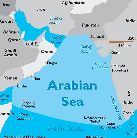 <p>Between Arabian peninsula, India, and East Africa</p>