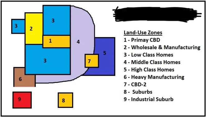 <p>City layout with multiple central business districts.</p>