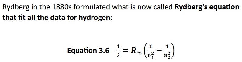 <p>sun and other objects that emit white light that forms its emission spectrum, this white light is a combo of colored light. Pure elements like H show the atomic line spectra- the EM radiation emitted is specific wavelengths and is characteristic of that element</p><p>Rydberg constant</p><p>1.09737316×10^7 m^-1</p>