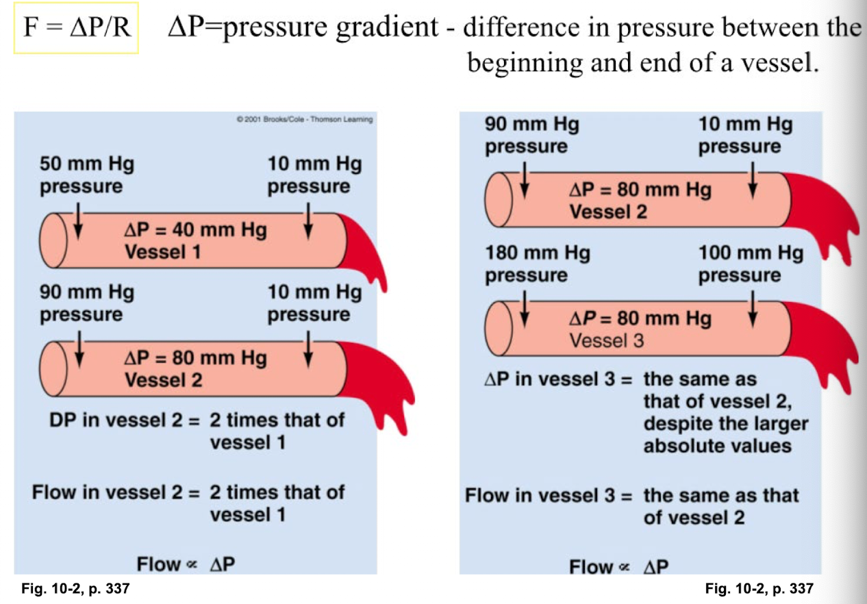 <p>F = P/R</p><ul><li><p>F= flow rate, volume of blood passing through a vessel per unit of time </p><ul><li><p>alpha r^4</p></li></ul></li><li><p>P = pressure gradient, difference in pressure btwn the beginning and end of a vessel</p></li><li><p>R = Resistance, resistance to flow depends on 3 factors</p><ul><li><p>Blood viscosity</p></li><li><p>Vessel Length</p></li><li><p>Vessel radius</p></li></ul></li></ul><p></p>