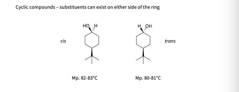 <p>No </p><ul><li><p>cyclic compounds - substituents can exist on either side of the ring </p></li><li><p>look at the side with higher priority ( split th emolecule in half )</p></li></ul><p></p>