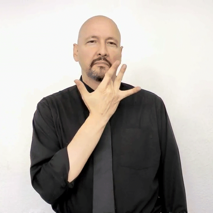 <p>five handshape. middle finger goes in and tap middle finger to chin</p>