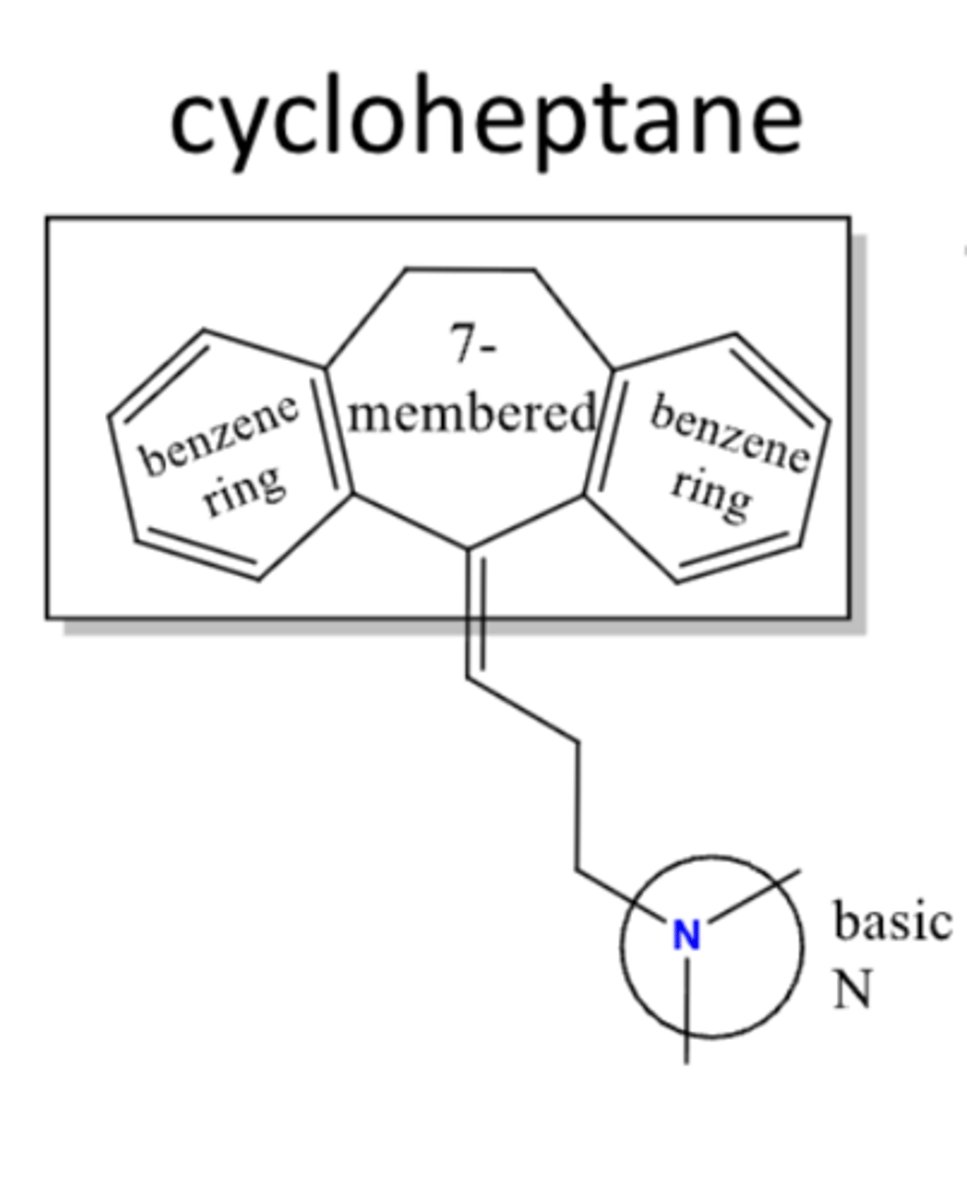 <p>- TCAs that end in -triptyline</p><p>- structure contains double bond on 3-C linker attached to 7-membered ring</p>