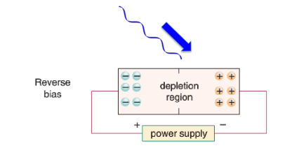<ul><li><p>An electric field at the junction causes electrons to move to the n-type and holes to the p-type, forming a depletion region.</p></li><li><p>Ionizing radiation in this region creates electron-hole pairs, generating a current.</p></li><li><p>The current can be monitored, e.g., with an electrometer.</p></li></ul><p></p>