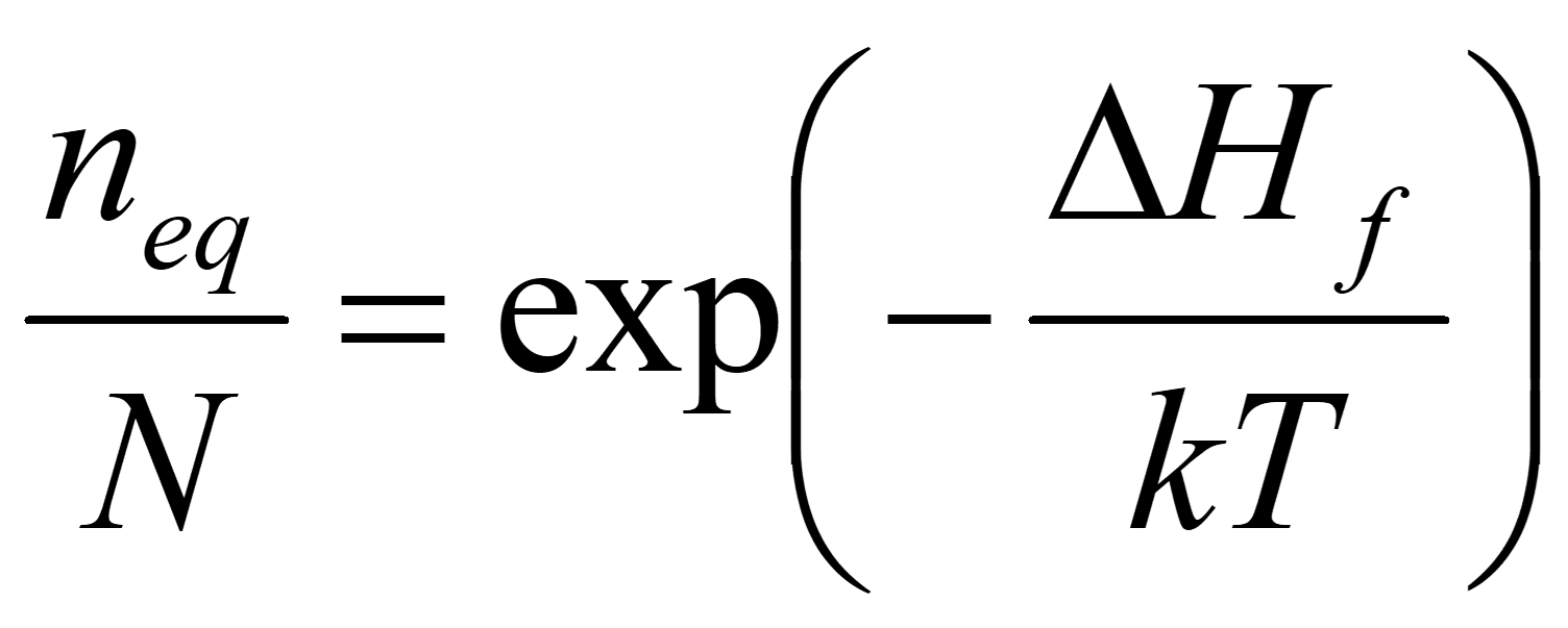 <p>N = no. atoms</p><p><span>&nbsp;</span><em><span>n<sub>eq</sub></span></em> = no. vacancies at equilibrium</p><p><span>&nbsp;ΔH <sub>f</sub></span>= Energy of formation of 1 vacancy site</p>