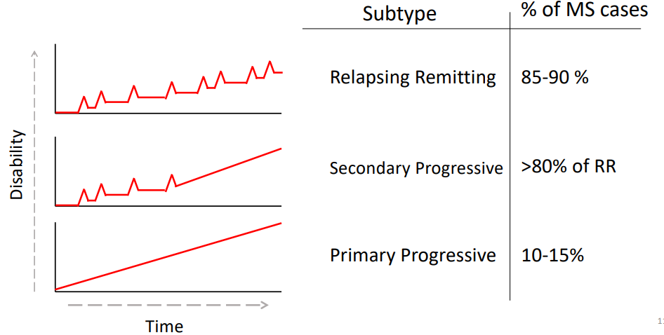 <ul><li><p><span><strong>Relapsing Remitting</strong> (85-90% of MS cases)</span></p><ul><li><p><span>Characterised by periods of time with increased disease severity, followed by periods of time with reduced symptoms</span></p></li></ul></li><li><p><span><strong>Secondary Progressive</strong> (>80% of RR)</span></p><ul><li><p><span>Changes from relapsing to a steady increase in disease severity over time</span></p></li></ul></li><li><p><span><strong>Primary Progressive</strong> (10-15%)</span></p><ul><li><p><span>Steady increase in disease severity over time from onset</span></p></li></ul></li></ul><p></p>