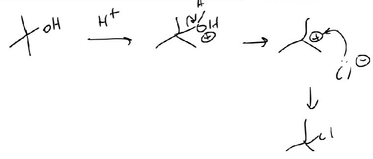 <ul><li><p>H+ from H-X attacks OH</p></li><li><p>O becomes positive, H2O leaves</p></li><li><p>Carbocation forms (strong electrophile)</p></li><li><p>Now negatively charged X attacks carbocation</p><ul><li><p>not a great nucleophile (wean anion) but good w carbocation</p></li></ul></li><li><p>Markovnikov = most substituted (carbocation can move)</p></li></ul><p></p>