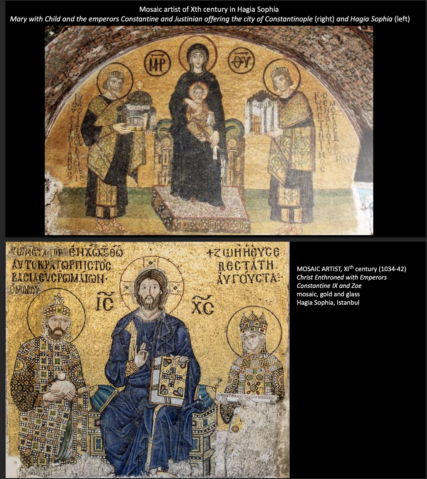 <ul><li><p>Hagia Sophia</p></li><li><p><span style="background-color: transparent;">Originally church, then a mosque (from 1453), a museum (from 1935), now a mosque&nbsp;</span></p></li><li><p><span style="background-color: transparent;">Built by constantine, damaged by earthquakes and destroyed during revolt, rebuilt by Hustinian</span></p></li><li><p><span style="background-color: transparent;">Focus is how this is different than other european basilicas&nbsp;</span></p></li><li><p><span style="background-color: transparent;">Interesting is the concept of space, many windows so that it feels like the dome is floating, also full of light, becomes spiritual emotion</span></p></li><li><p><span style="background-color: transparent;">Buttresses – preserve the structure of the dome&nbsp;</span></p></li><li><p><span style="background-color: transparent;">Emperor's door – precious marbles and materials</span></p></li><li><p><span style="background-color: transparent;">Gold</span></p></li><li><p><span style="background-color: transparent;">Surviving mosaics: Mary with Child the the emperors Constantine and Justinian offering the city of Constantinople and Hagia Sophia</span></p></li><li><p><span style="background-color: transparent;">Another mosaic: Christ enthrones with emperors offering money on one side and a scrawl, the rights to the church, unique opportunities and keeping status</span></p></li><li><p><span style="background-color: transparent;">Third mosaic: virgin Mary and child with emperors John II Comnen and Irene. Even though faces are recognizable but image is flat, much less idealized.&nbsp;</span></p></li></ul><p></p>