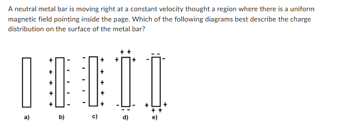 <p><span><span>A neutral metal bar is moving right at a constant velocity thought a region where there is a uniform magnetic field pointing inside the page. Which of the following diagrams best describe the charge distribution on the surface of the metal bar? </span></span></p>