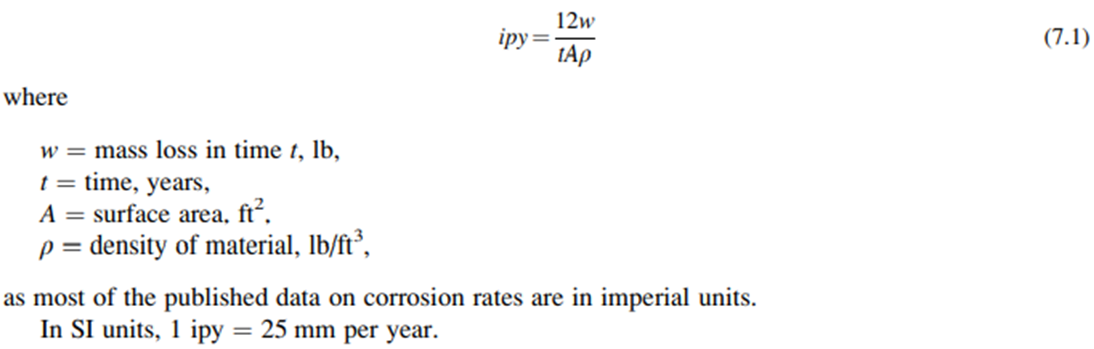 Formula for corrosion rate.