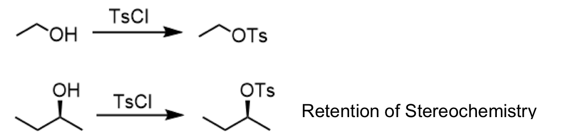 <ul><li><p>reagents: TsCl </p></li><li><p>for stereochemistry: retention of stereochemistry</p></li></ul><p></p>