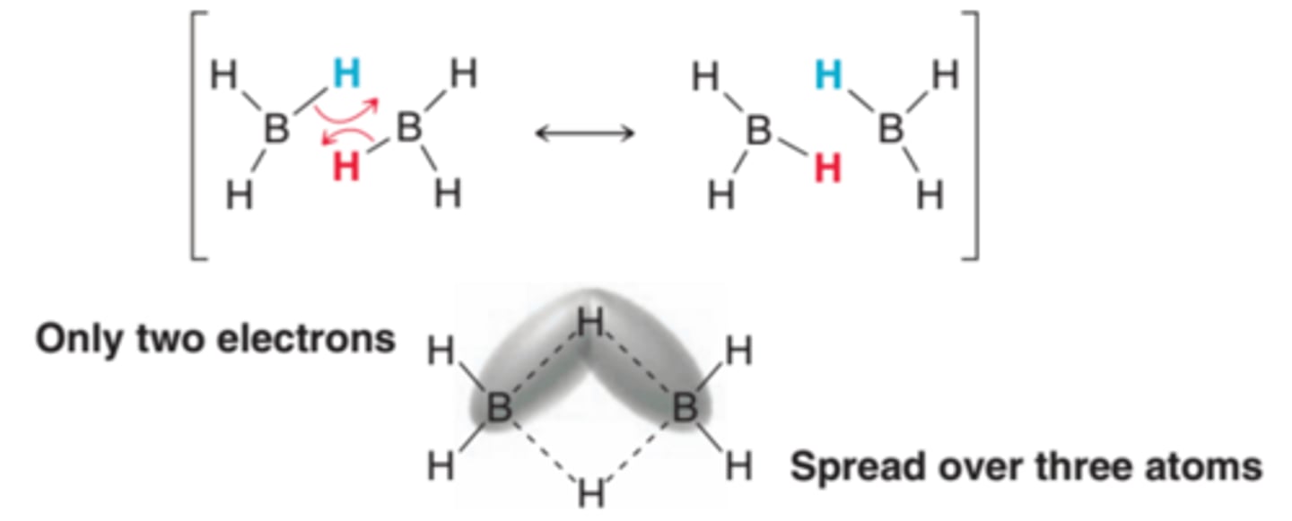 <p>Borane is so reactive that one borane molecule will even react with another borane molecule to form a dimeric structure called <b>diborane</b> which is a dimer believed to possess a special type of bonding which can be more easily understood by drawing the resonance structure shown in the 1st example in this image. Each of the hydrogen atoms is partially bonded to two boron atoms using a total of two electrons(2nd example in image). Such bonds are called <b>three-center, two-electron bonds</b></p>