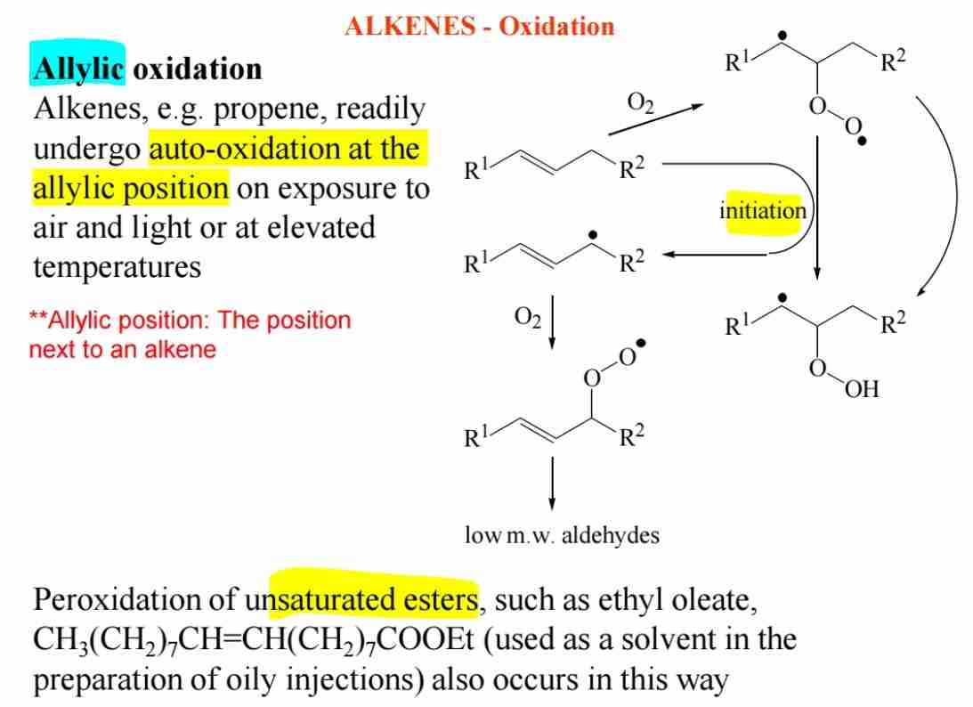 <p>A:Alkenes can undergo auto-oxidation at the allylic position when exposed to air or light, leading to allylic oxidation products.</p>