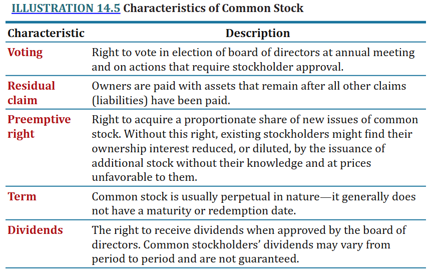 <p>The residual corporate interest that bears the risk of loss and receives the benefit of success. The key characteristics:</p><ul><li><p>Voting</p></li><li><p>Residual claim</p></li><li><p>Preemptive right</p></li><li><p>Term Dividends</p></li></ul><p></p>