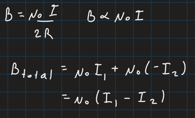 <p>B. </p><p></p><p>Determine the B field at the center of the two loops. </p><p>The given B field for loop 1 is ccw. The B field for loop 2, the parallel loop with a current in the opposite direction, is cw. </p>